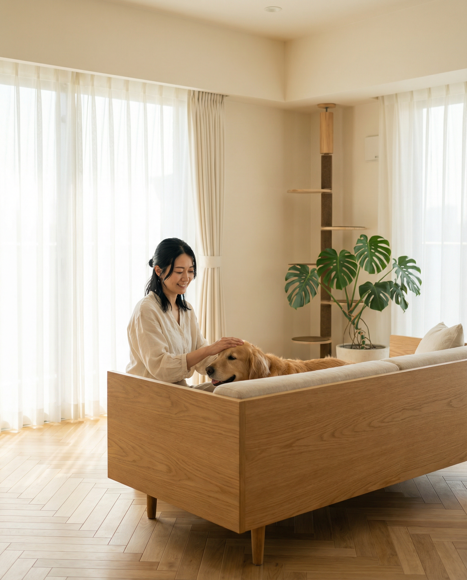 リビングでくつろぐ女性と愛犬